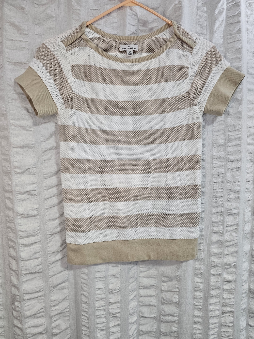 LL Bean Signature Linen / Cotton Beige & White Striped Short Sleeve Knit Top